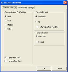 (3) Transfer Settings 1) Select either a transfer cable (USB) or an Ethernet cable (LAN). 2) Select either transferring the changed screens automatically or transferring all screens.