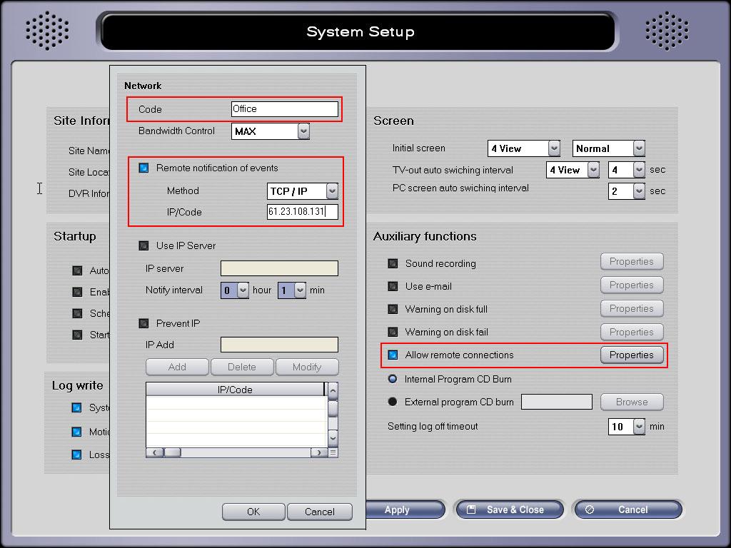 Open System Setting from the DiViS DVR System to configure settings. Check Allow remote connections and open properties.