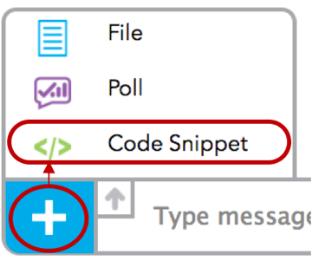 2. The code snippet will popup allowing you to import a code file from your machine or to write one. The user can format it by select any of the 20 languages we support. a. Title: Add a title to your Code Snippet.
