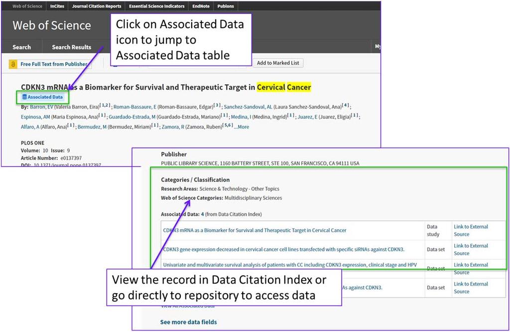 On the full record, click the Associated Data icon to jump vertically to the Associated Data table.