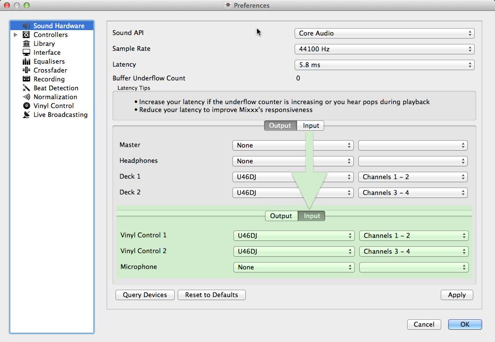 Figure 8.3: Mixxx preferences - Setting up Input and Output devices for Vinyl Control 6. Select the Output tab 7. Specify Deck 1 - Deck 4 to route Mixxx s output directly to the external mixer 8.