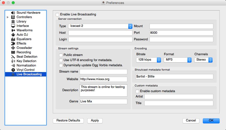 Figure 10.3: Mixxx preferences - Setting up live broadcasting Port: As provided by your streaming server provider. Most servers use the default port 8000.