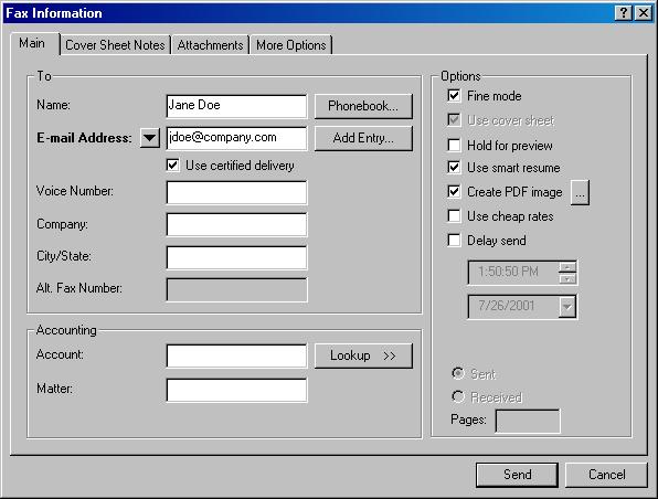 RightFax 9.0 SecureDocs Module Guide 22 To send a document for certified delivery 1. From one of the RightFax desktop applications, open the Fax Information dialog box. Figure 4.