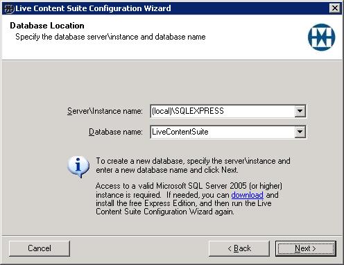 7. Database Configuration page. Choose SQL database server (whether local or another server) and SQL database name and click Next.