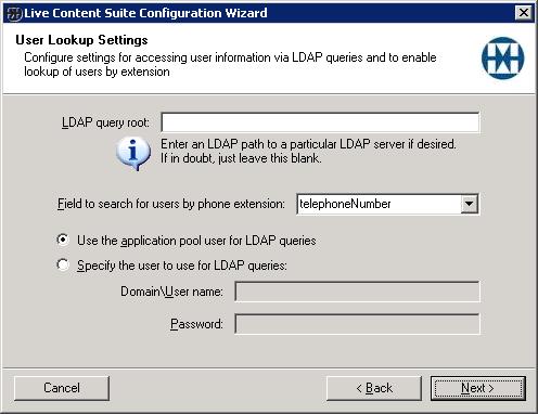 8. User Lookup Settings page. Select or type the LDAP field name to search for phone extensions. Provide credentials to use while doing lookups.