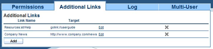 Enter a Link Name and Target URL. 4. Click Add again to save changes.