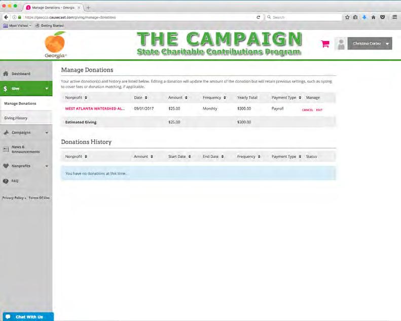How to Edit My Pledge Once you submit your pledge by payroll deduction, you can edit or cancel your pledge by clicking Give from the navigation menu and select Manage Donations.