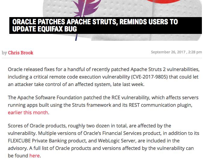 Equifax said the breach was facilitated using a flaw in Apache Struts (CVE-2017-5638).