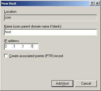 In Figure 32, right click zone com, and then select New Host to bring up a dialog box as shown in Figure 33. Enter host name host and IP address 3.1.