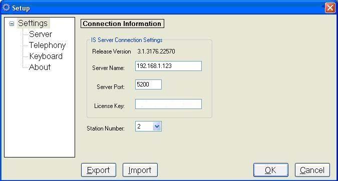 6.2. Administer Setup The Setup screen is displayed next. In the Server Name field, enter the IP address of the Amtelco Intelligent Series Server.