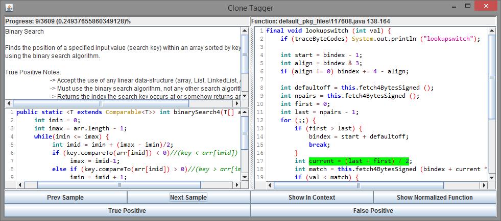 Figure 8.3: Snippet Tagging Application For our Shuffle Array in Place example, we tabulated the true and false positive tags per snippet.