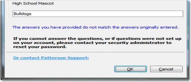 If the Security Questions are not answered correctly, the following message appears.