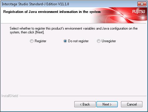 - If registering the Java environment information of this product in the system: Select [Register], and then click [Next].