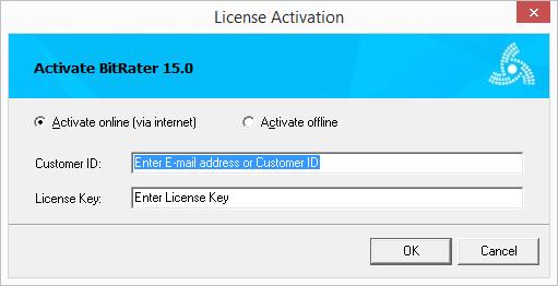 Registration Enter your Customer ID and the License Key and click OK. BitRater Client is ready and fully functional at once.