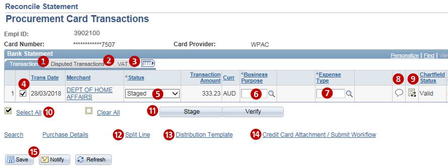 1. Default Tab where all the transactions requiring reconciliation appear 2. Go here to dispute any of your transactions 3. Change the GST treatment here or click the no tax invoice box 4.