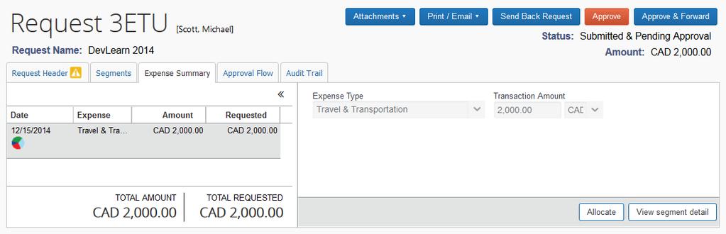 3. Reviewing a Travel Request Click the Request tab. Click on the request name to view the request Expense Summary (default view) Who is the request for?