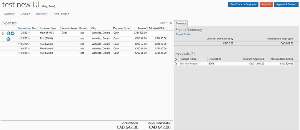 Report Summary (default view) Amount Due Employee/ Total Requested: If approved, this is the amount that the user will be paid. All amount is in $CAD dollar.
