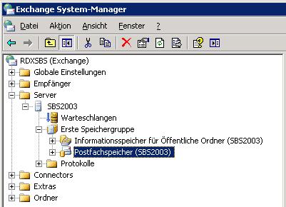 3 Connecting to an MS Exchange Server Image: Selecting mailboxes in System Manager 4. Right click on Mailbox Store, then click on PROPERTIES. Open the register card SECURITY. 5.