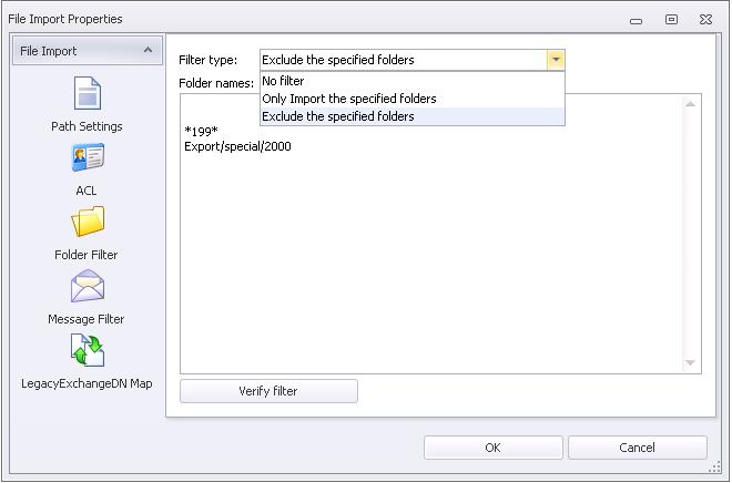 4.3.3.1.3 Folder Filter The Folder Filter allows you to include or exclude certain directories and/or subdirectories during an Import cycle.