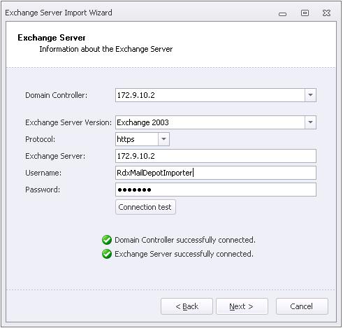 2. Enter the corresponding data to connect to the MS Exchange Server.