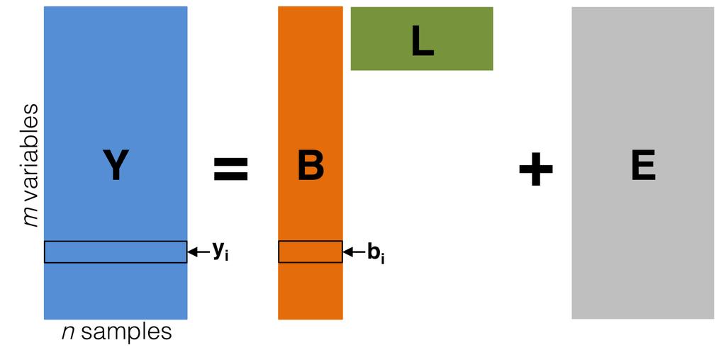 Figure 1: Diagram of the latent variable model. The latent variable basis L is not observable, but may be estimated from Y. The noise term E is independent random variation.