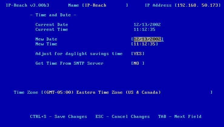 60 IP-REACH USER MANUAL Time and Date Current Date and Time on the IP-Reach unit are listed on this screen. Once saved, Time and Date changes will not take effect until IP-Reach is restarted.