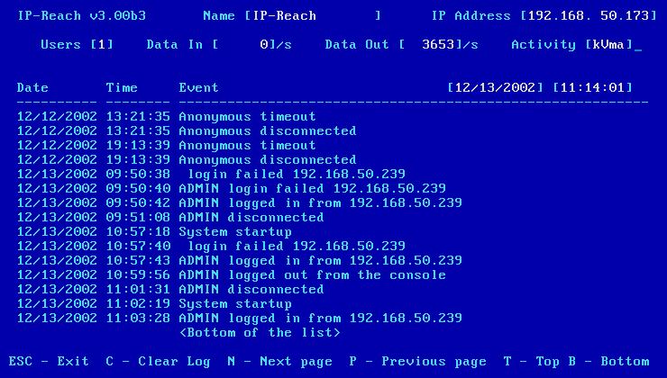 CHAPTER 4: ADMINISTRATIVE FUNCTIONS 61 View IP-Reach Status The IP-Reach Event Log screen shows a log file containing information about IP-Reach log in and connection activities.