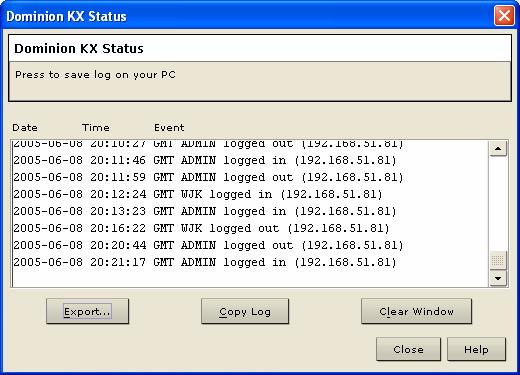 The device Status window appears, displaying events by date and time. Click Export and browse for a location to save the displayed log file to a text file.