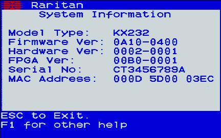 Help Menu To get information or help about the OSD of the Dominion KX Local Console Port, press <F1>. The Help Menu appears.