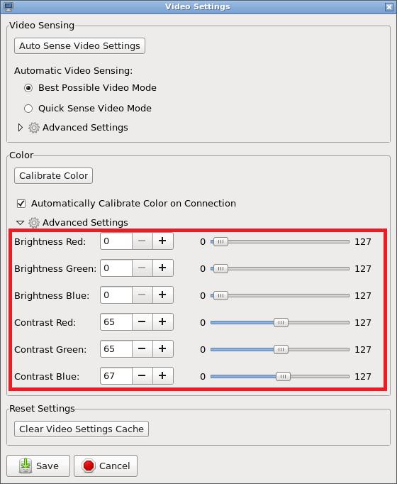 Chapter 5: Using the KVM Client Advanced Color Settings In the Video Settings dialog, click Advanced Settings in the Color section to show additional color settings.