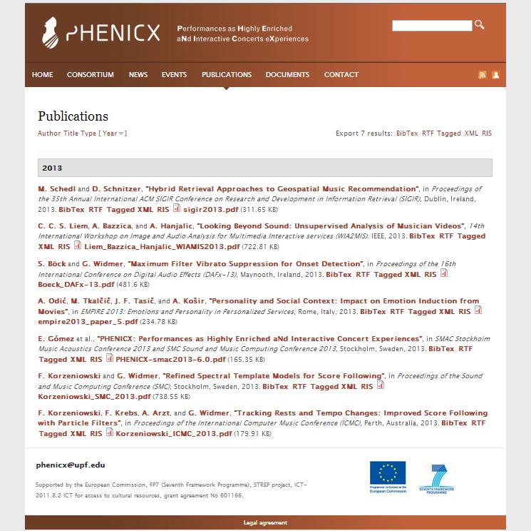4.1.5 Publications This section contains all scientific papers and journals published that are produced by PHENICX