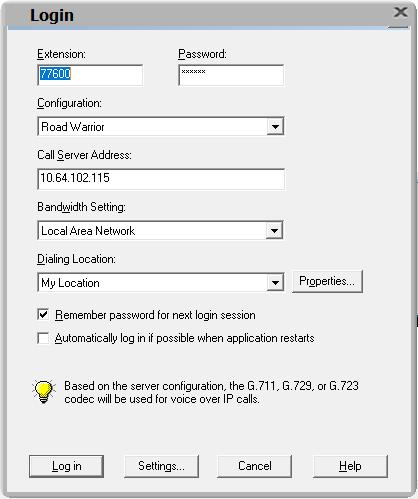 Launch Avaya one-x Attendant and log into Communication Manager using the attendant Extension and Password created in Section