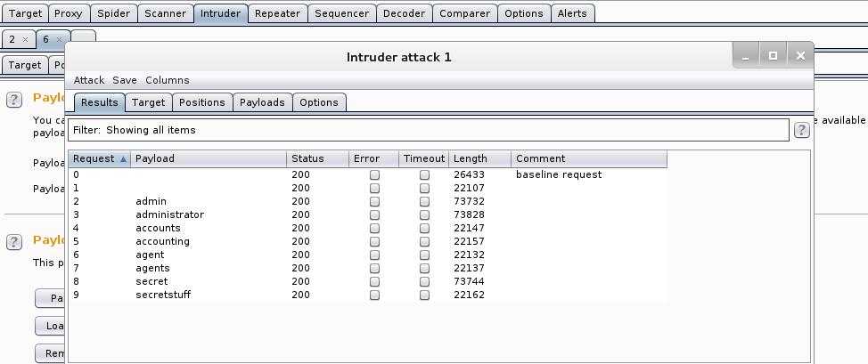 Figure 6 Fuzzing attack window Click on one of the requests e.g. admin.