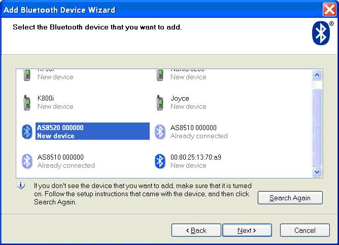4. Select AS8520 among the Bluetooth devices found;