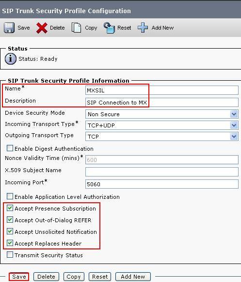 The SIP Trunk Security Profile Information configuration screen is displayed which was