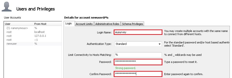 Once you have clicked Add Account, the system will ask you to give the new user a name and to assign him respective privileges to perform specific tasks on your newly created database schema.