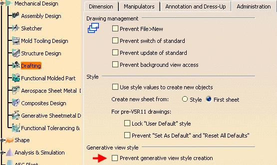 2.Specify your settings before you start: Select Tools ->Options ->Mechanical Design->Drafting->Administration Click to clear the Prevent generative view style creation option This activates