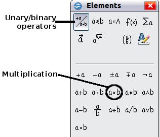 Example 1: 5 4 For this example we will enter a simple formula: 5 4. On the Elements window: 1) Select the top-left button of the categories (top) section. 2) Click on the multiplication symbol.