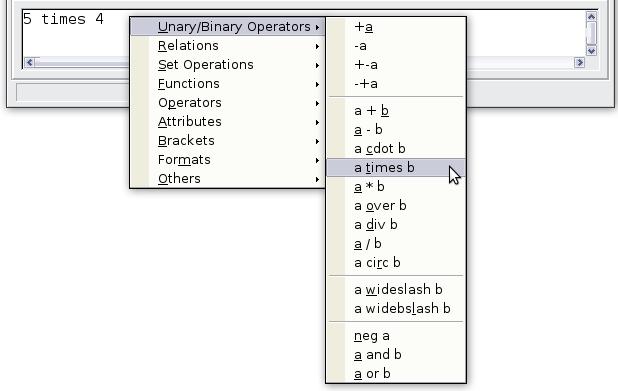 equation editor. This pops up the menu shown in Figure 6. The items in this menu correspond exactly to those in the Elements window. Figure 6. Right-click menu Markup You can type the markup directly in the equation editor.