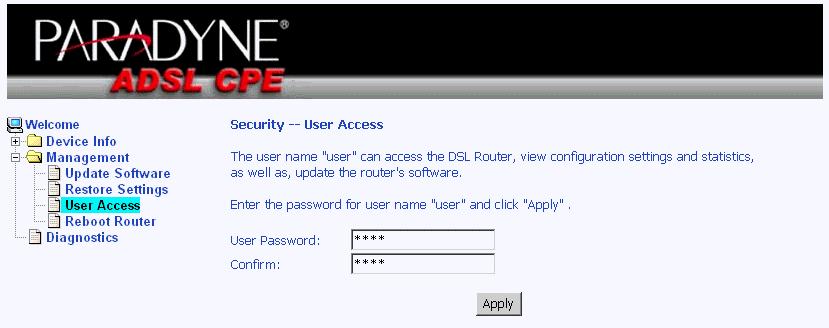 5.3 User Access User name "user" (general user) can access to the CPE to view configuration and statistics,