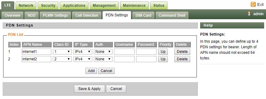 The below shows an example of two APN configuration. You can view the APN status info in the Status menu.