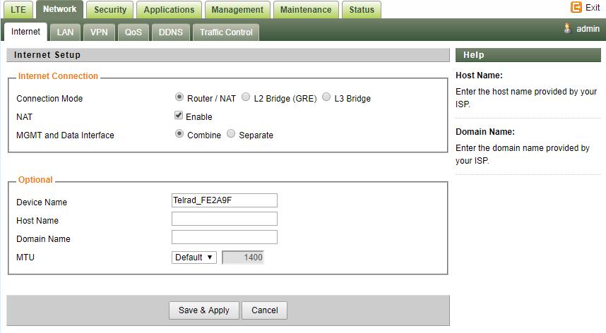5 Network Configuration Internet This section allows user to configure the CPE operation mode, device name, MTU and etc.