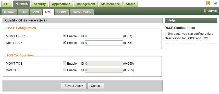 QoS Setting This configuration menu allows user to tag DSCP or TOS value for CPE local data (Management)
