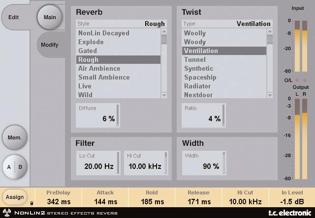 MODIFY PAGE REVERB STYLE Style Selects the basic Reverb Style subjected to the Envelope and Twist modifications. The Style parameter should be seen as an algorithm selection inside the algorith.