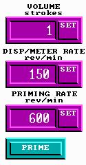 Displays the current Dispense and Meter Rate setting in rev/min. Pressing enables the entry keypad for changing the setting. Displays the current Priming Rate setting in rev/min.