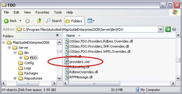 3. Within the text editor, add an entry for the new FDO Provider and save the changes. <FeatureProvider> <Name>OSGeo.OGR.3.2</Name> <DisplayName>OSGeo FDO Provider for OGR</DisplayName> <Description>Access to OGR data sources</description> <IsManaged>False</IsManaged> <Version>3.