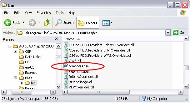 2. Navigate to the FDO libraries location, e.g. C:\Program Files\AutoCAD Map 3D 2008\FDO\bin and open the providers.xml in a text editor. 3. Within the text editor, add an entry for the new FDO provider and save the changes.
