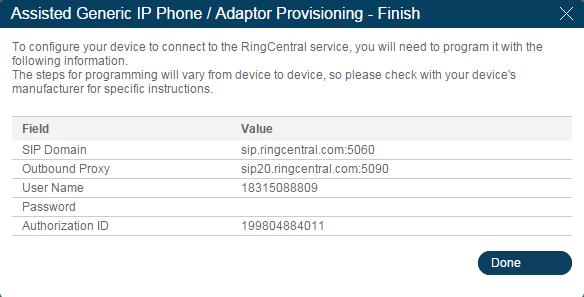Doc. 931105C Page 11 10. A popup window labeled Assisted Generic IP Phone/Adaptor Provisioning - Finish will appear.