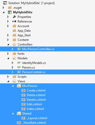 After creating the MVC controller with scaffolding 7. Open the MvcPersonController.cs file in the Controllers folder. Notice that the CRUD action methods have been generated automatically.