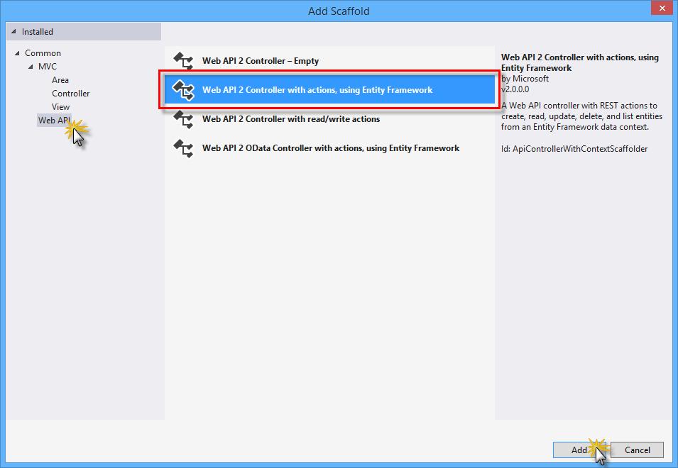 Selecting Web API 2 Controller with actions and Entity Framework 4.